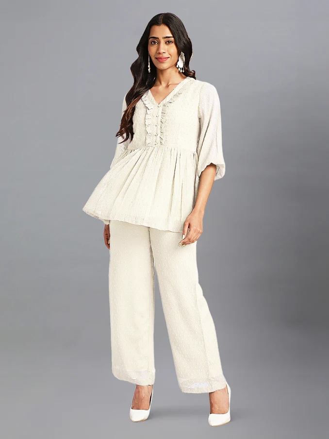 Off White Dobby Chiffon Self Design Co-Ord Set