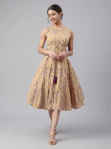 Abito a balze con stampa floreale in puro cotone giallo