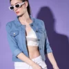 Light Blue Solid Women Denim Jacket