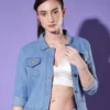 Light Blue Solid Women Denim Jacket
