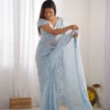 Saree in seta di tessuto di design colore azzurro