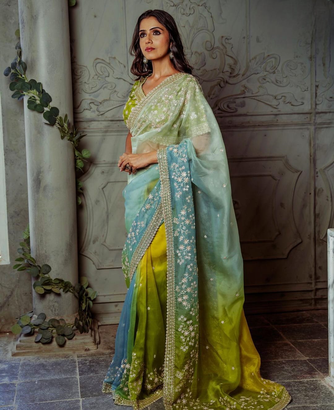 Sari in seta organza ricamato Festive Wear