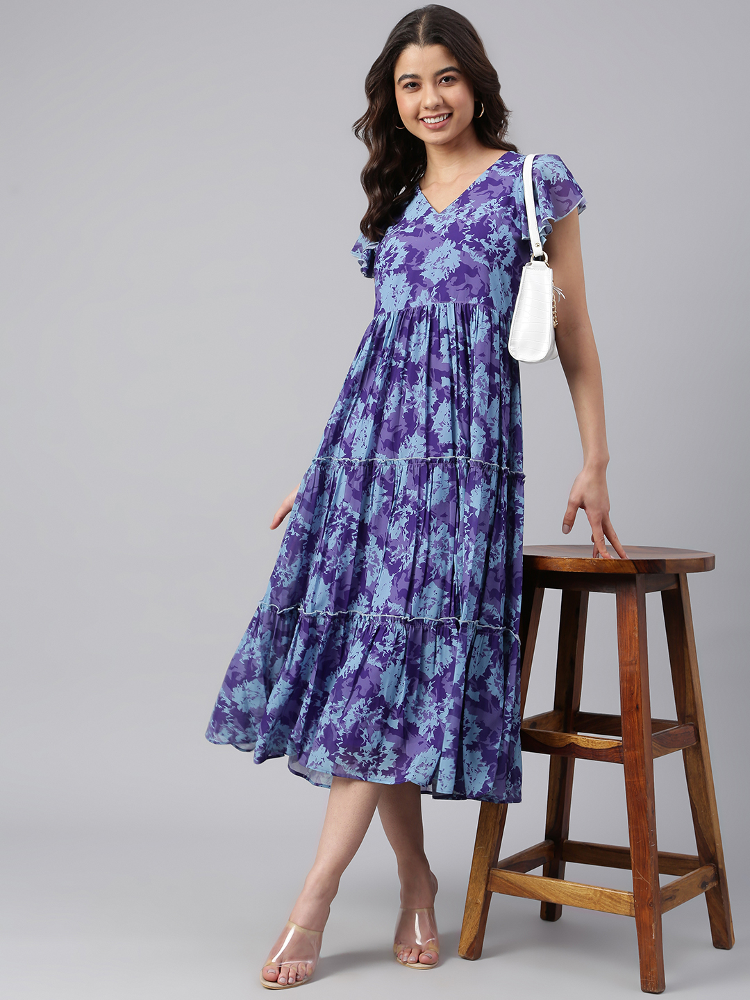 Abito svasato stampato in georgette blu