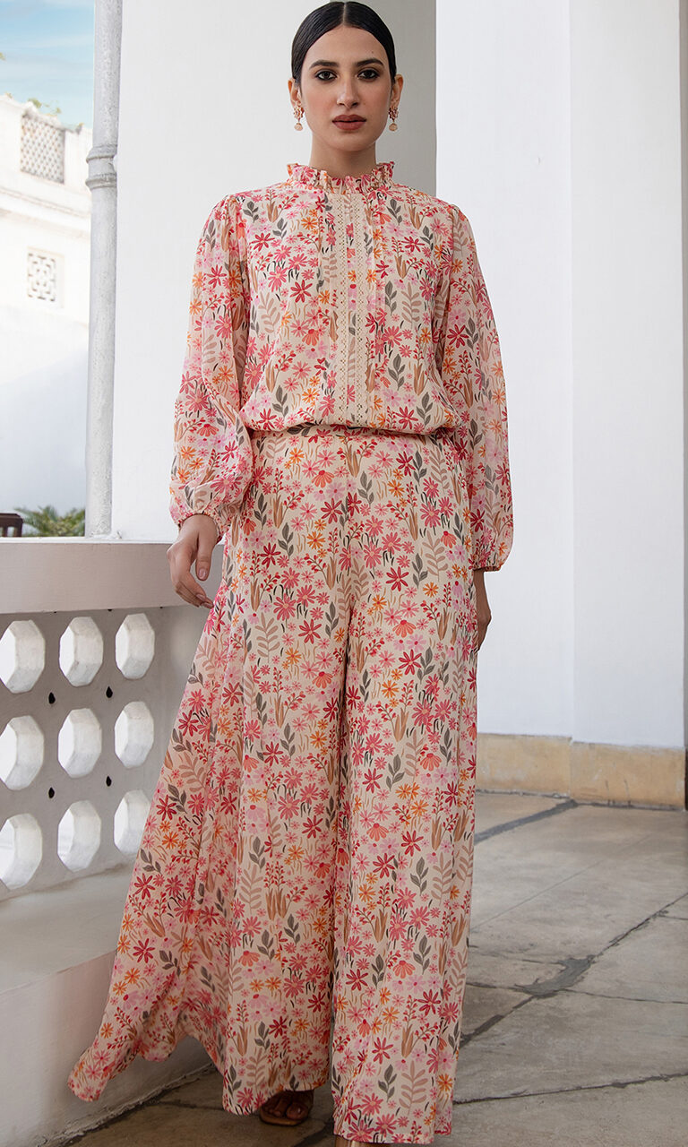 Set coordinato regolare con motivo floreale in georgette beige