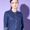 Giacca in denim da donna tinta unita blu scuro - immagine 4