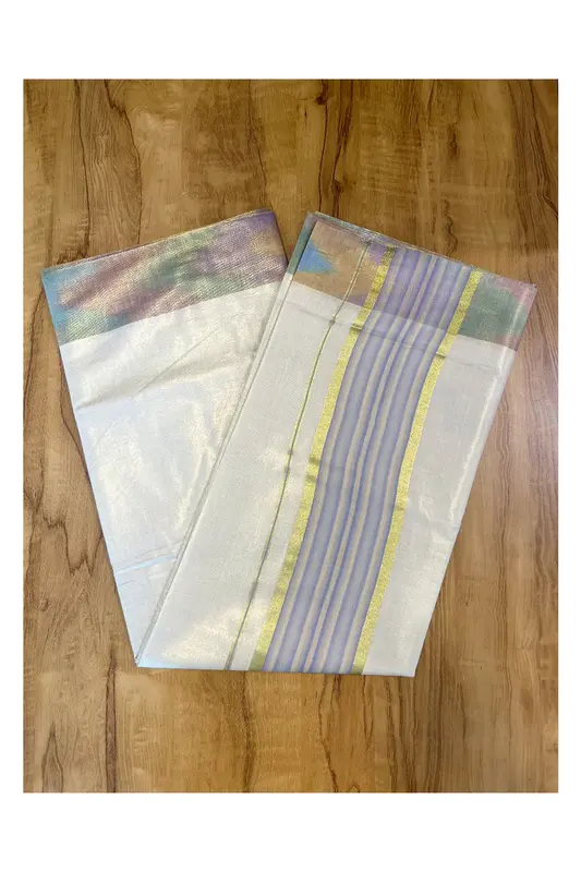 Kerala Tissue Kasavu Saree con motivo Pochampally blu e crema su bordi e Kara