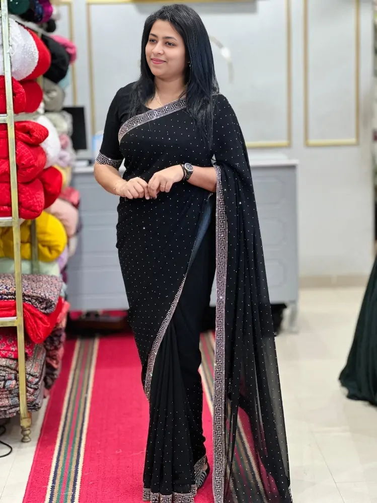 Designer Saree da festa nero in georgette pesante