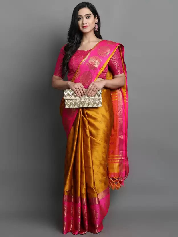 Saree Oro-Rosa in jacquard Dharmavaram intrecciato