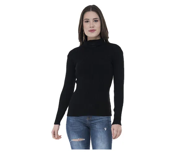 Maglione nero a collo alto in lana
