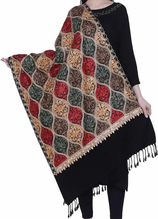 Stole coprispalle in cashmere MATKA ricamate Kashmiri Aari, black