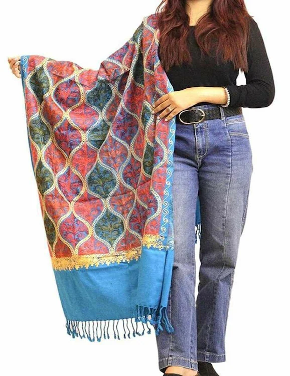 Stole coprispalle in cashmere MATKA ricamate Kashmiri Aari, blu turchese