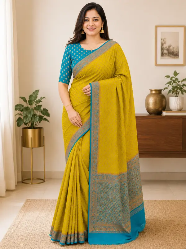 Saree in Georgette Khadi Verde Giallastro con Buttas in Zari e Bordo Elegante