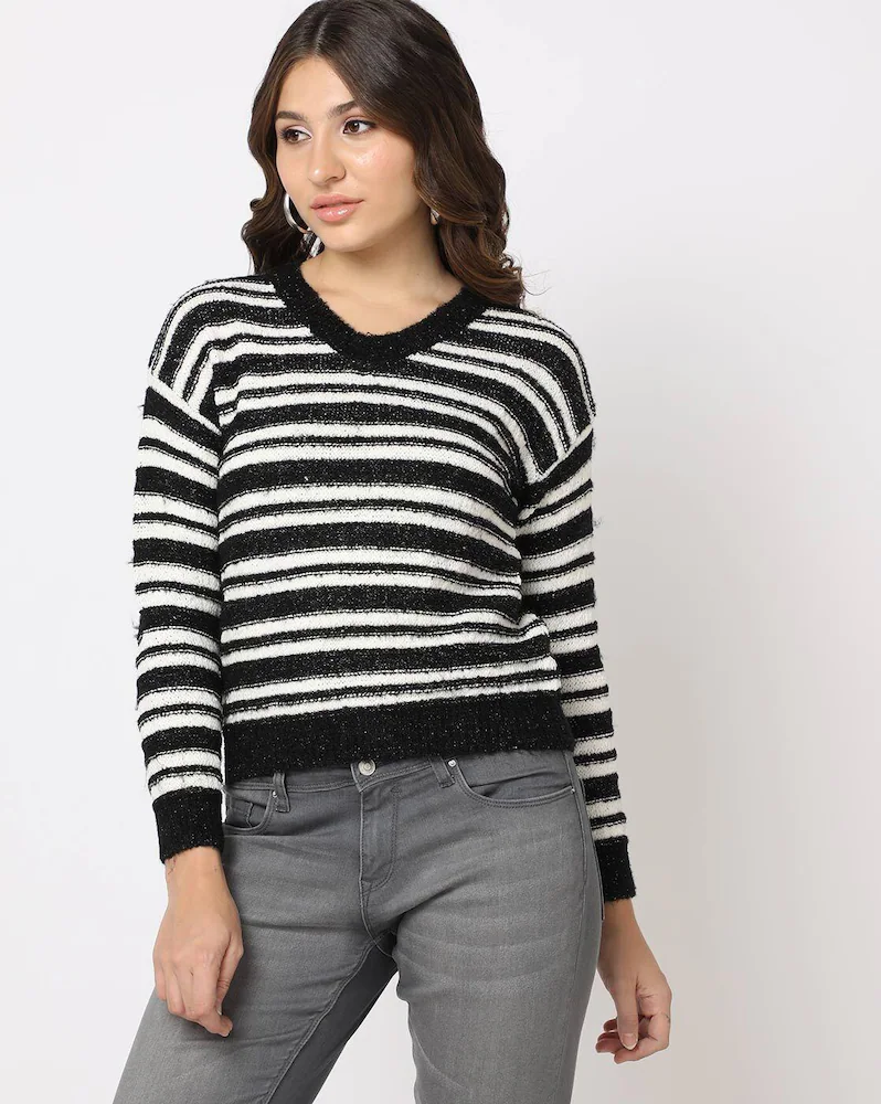 LEE COOPER Maglione a righe con scollo a V 