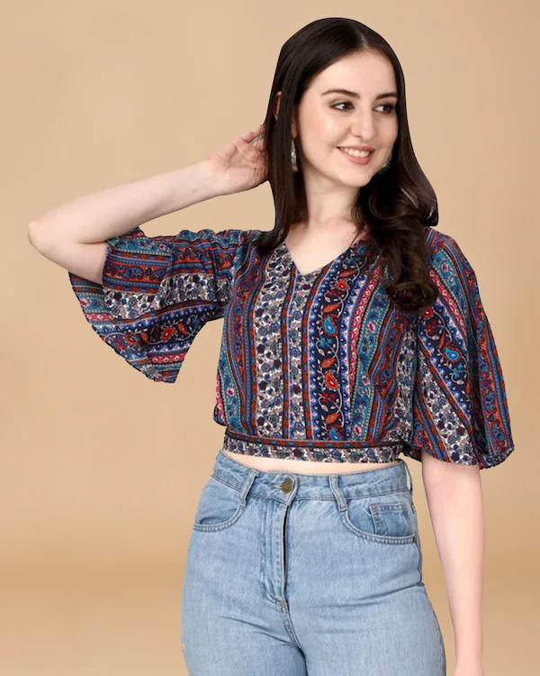 Top multicolore con scollo a V in crepe stampato