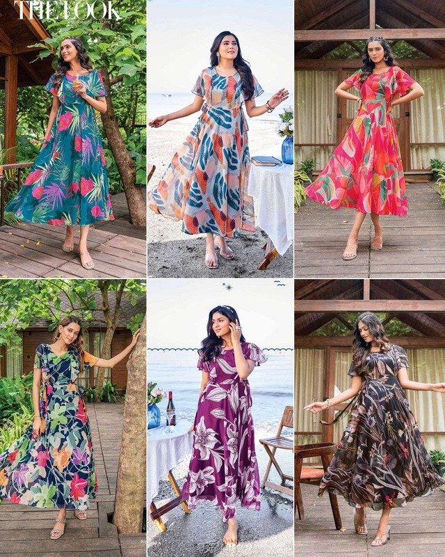 Abiti lunghi in georgette con stampa fantasia tropicale
