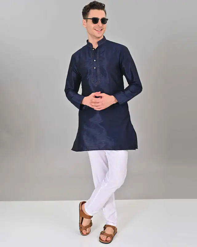 Kurta da uomo in blu navy seta Linen Valley