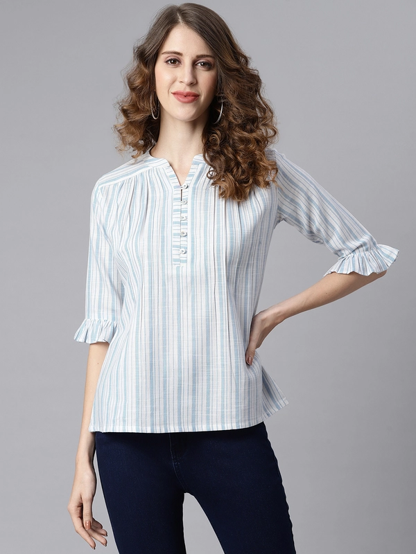 Top dritto a righe in cotone slub bianco