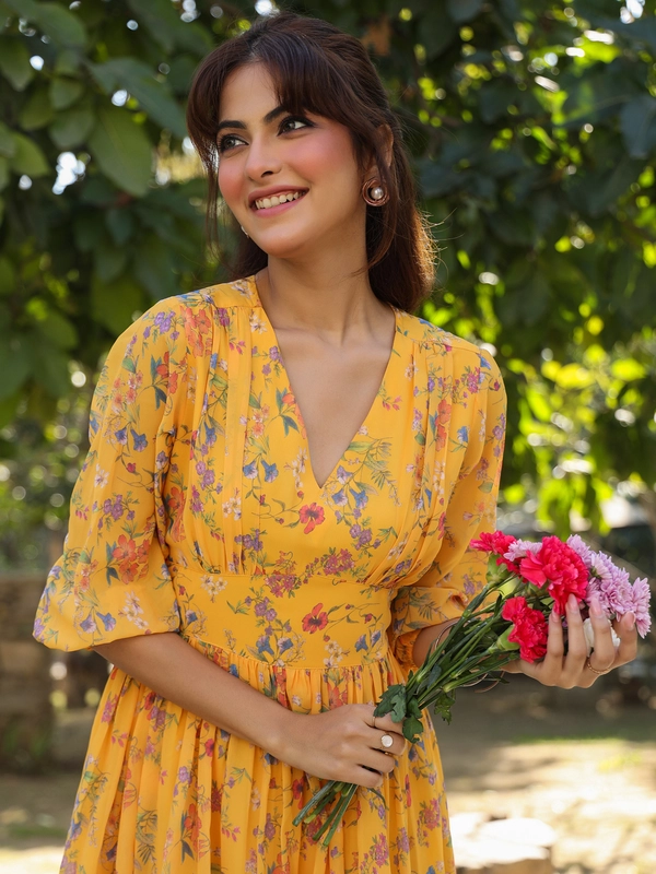 Senape Georgette Stampato Florale Abito raccolto
