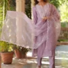 Set Kurta dritto ricamato in misto seta color lavanda