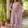 Set Kurta dritto ricamato in misto seta color lavanda