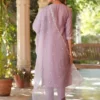 Set Kurta dritto ricamato in misto seta color lavanda