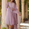 Set Kurta dritto ricamato in misto seta color lavanda