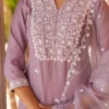 Set Kurta dritto ricamato in misto seta color lavanda