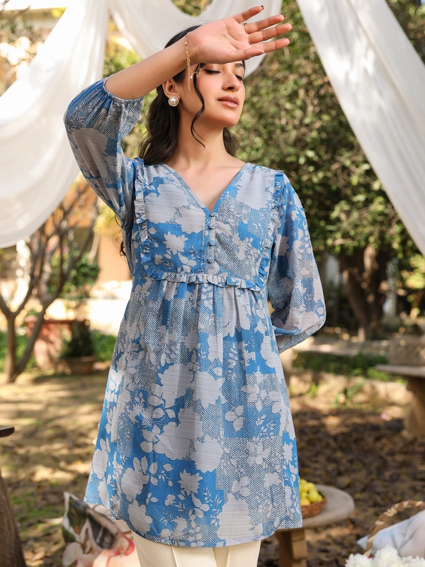 Tunica a trapezio Prede floreale in georgette blu