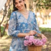 Tunica a trapezio Prede floreale in georgette blu