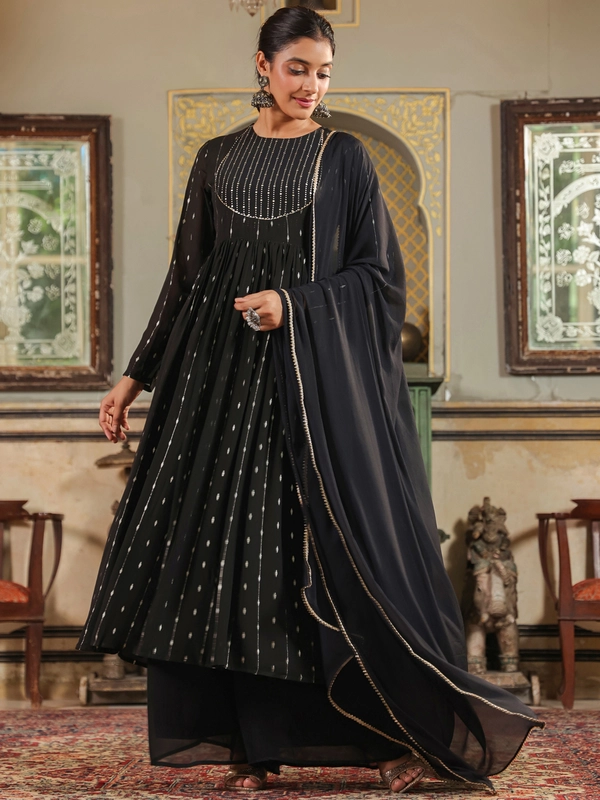 Set Kurta Anarkali in Georgette Nero con Stampa a Foil
