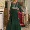Top ricamato in georgette verde scuro con gonna
