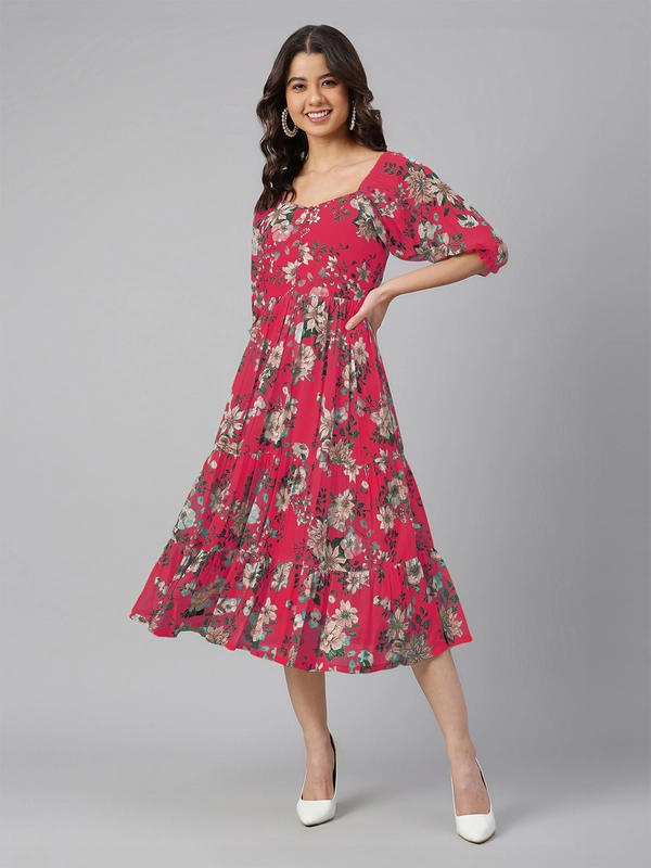 Abito a balze con stampa floreale in georgette rosa