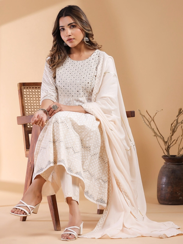 Motli etnici di cotone puro beige stampato set anarkali kurta