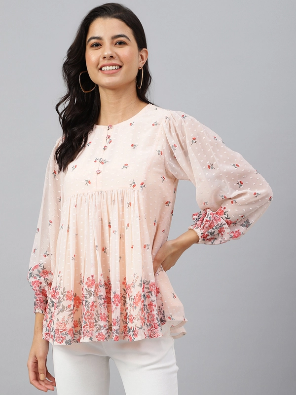 Top svasato con stampa floreale in georgette colore pesca