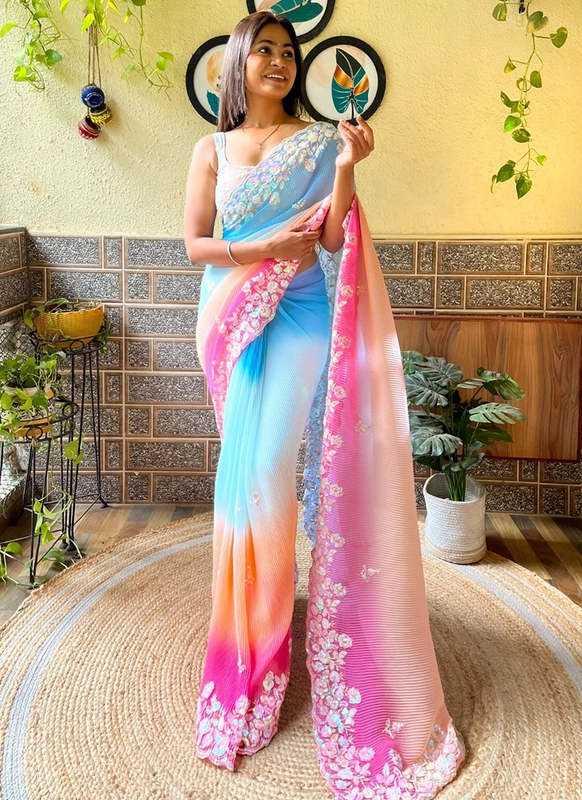 Sari in faux georgette con sequenza crush in multicolore