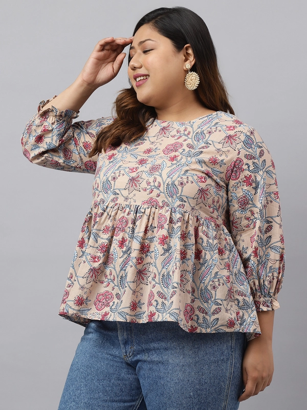 Top peplo con stampa floreale in puro cotone beige taglie forti