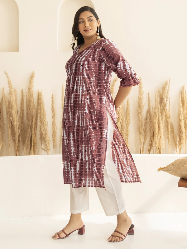 Kurta dritto stampato tie-dye in cotone marrone chiaro