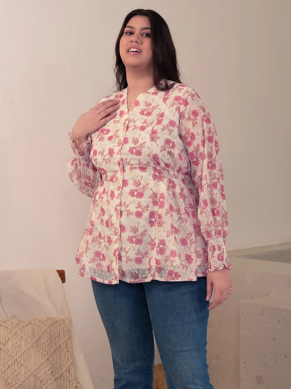 Top con pannelli floreali in georgette dobby bianco