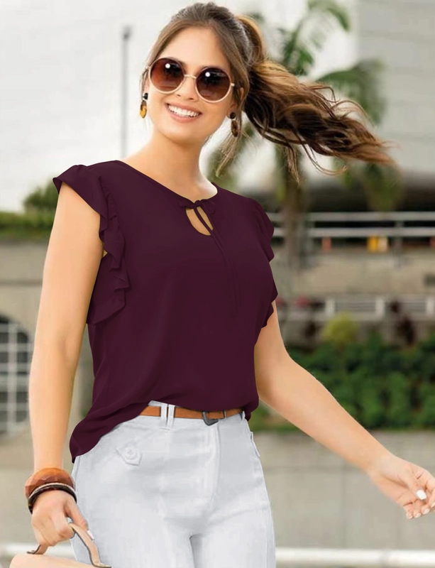Designer Top con maniche a volant corti in rayon – marone