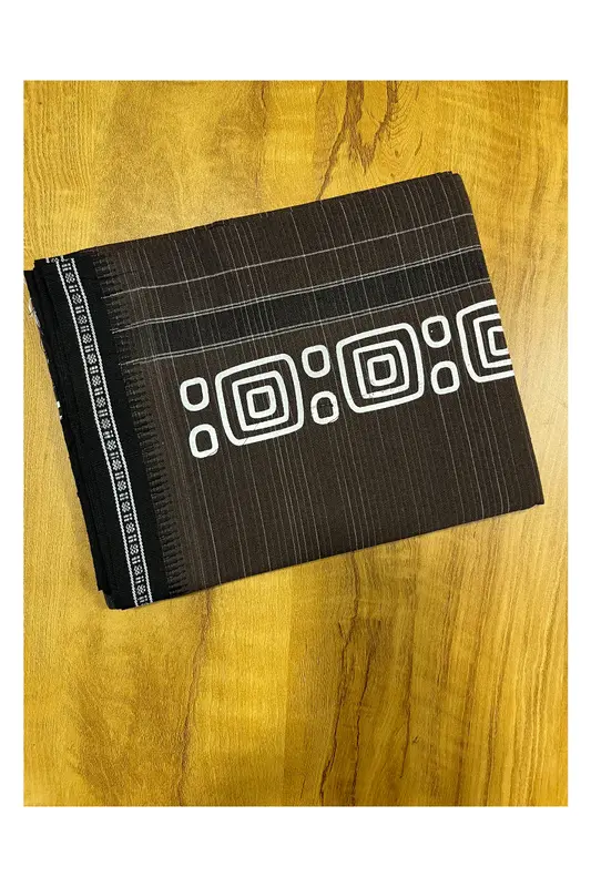 Mundu singolo / Otta Mundu / Lungi stampato marrone (Kerala Dhoti dell’India meridionale)