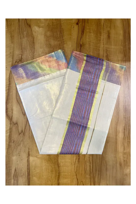 Kerala Tissue Kasavu Saree con motivo multicolore Pochampally su bordi e Kara