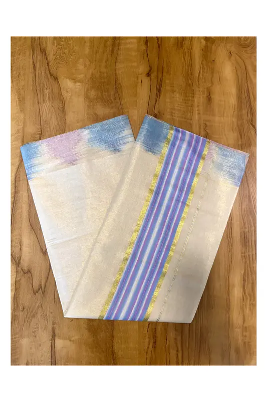 Kerala Tissue Kasavu Saree con motivo Pochampally blu e crema su bordi e Kara