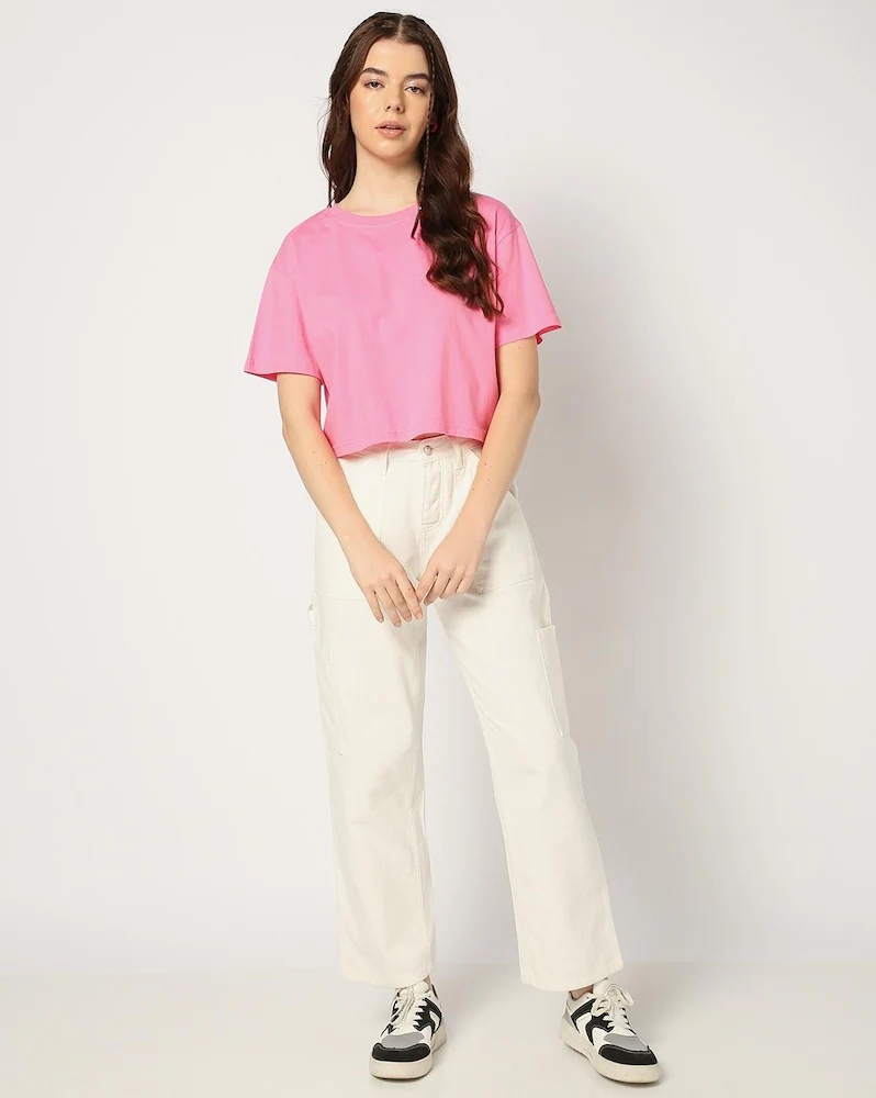 T-shirt girocollo rosa boxy fit