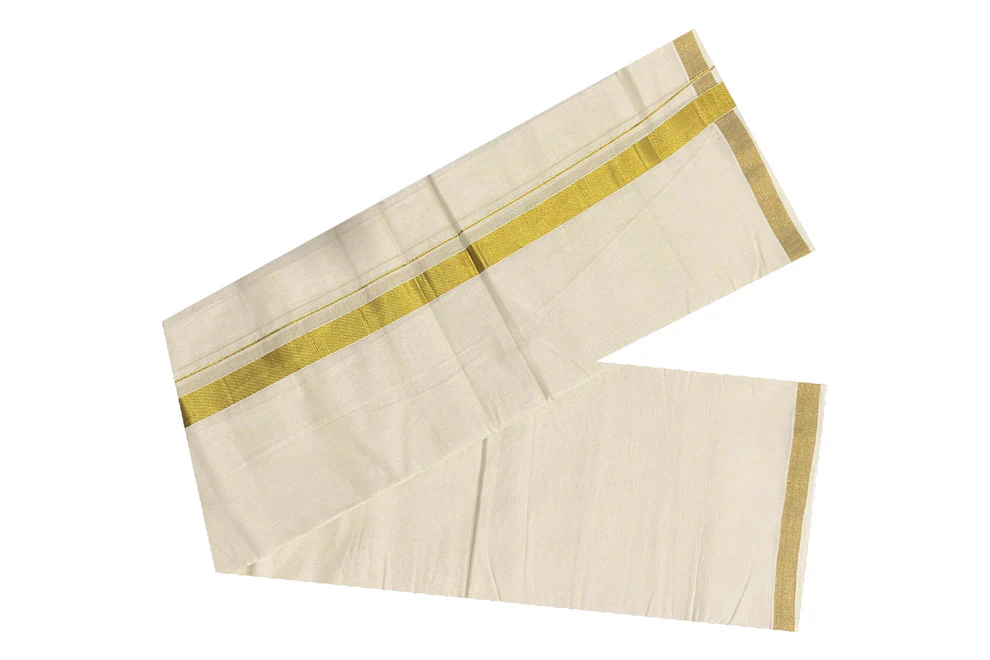 Mundu doppio di puro cotone bianco sporco con Kasavu Kara da 1 pollice (Kerala Dhoti dell’India meridionale)