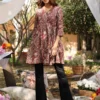 Tunica a trapezio in puro cotone marrone con stampa Paisley