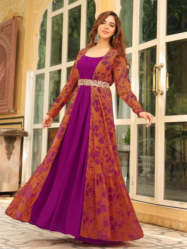 Abito in georgette marrone con stampa floreale, cintura ricamata e giacca