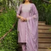 Set Kurta dritto ricamato in misto seta lavanda
