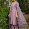 Set Kurta dritto ricamato in misto seta lavanda