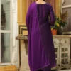 Completo Kurta a trapezio con carré ricamato in misto seta viola
