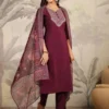 Completo Kurta dritto con carré ricamato in seta Chanderi viola